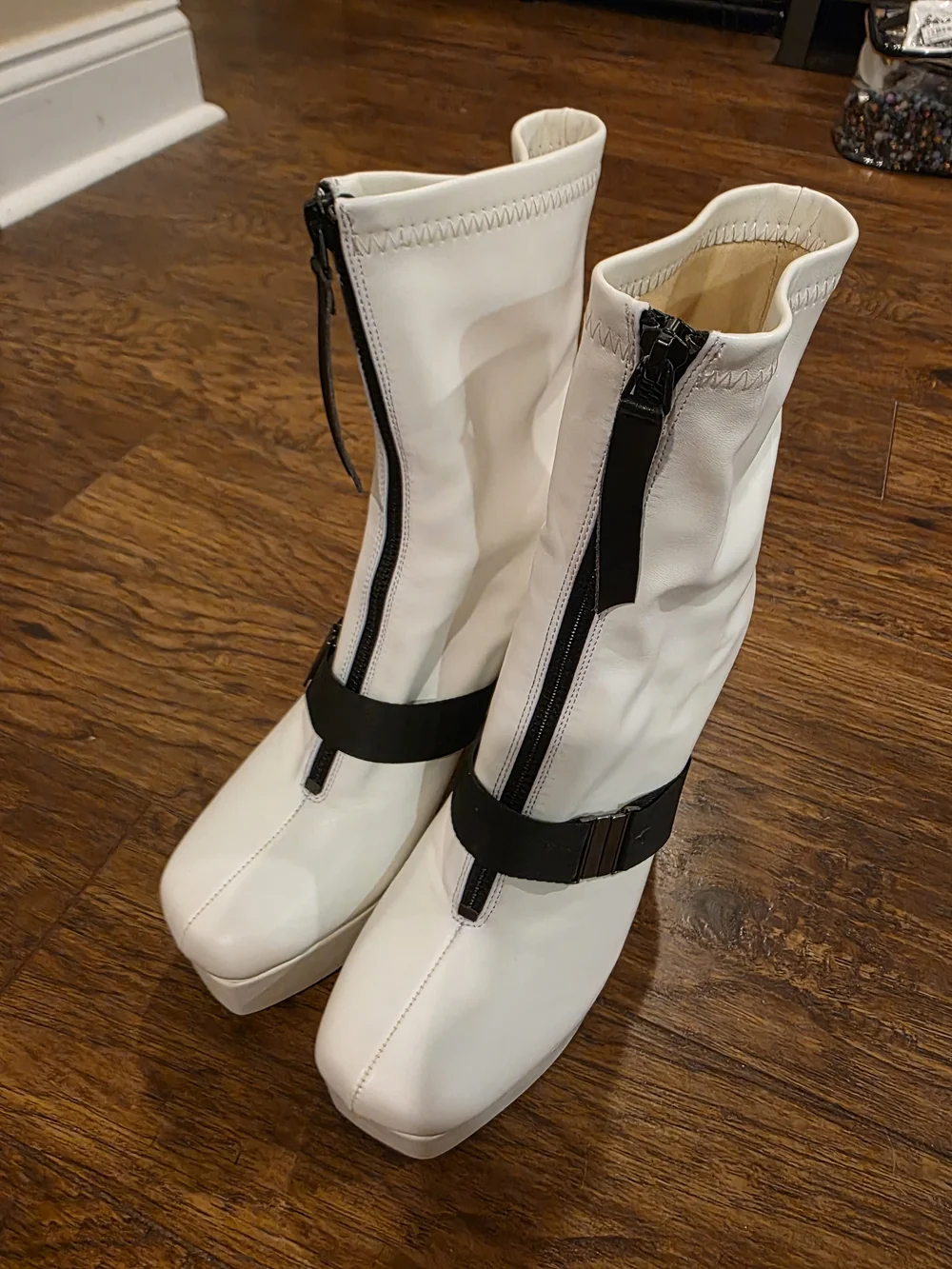 White Platform Ankle Boots with Black Front Zip and Strap